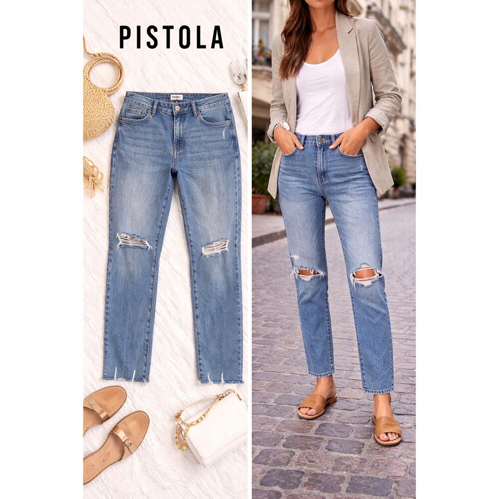 Pistola‎ Distressed Straight Leg Jeans Size 32 Raw Hem Vintage Wash